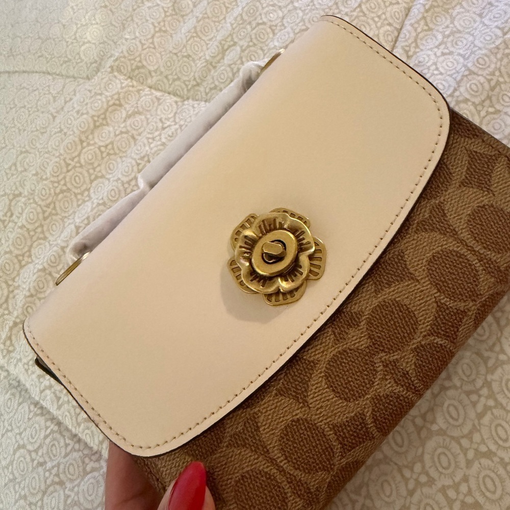 Coach Floral Accent Cream and Brown Clutch Parker 18